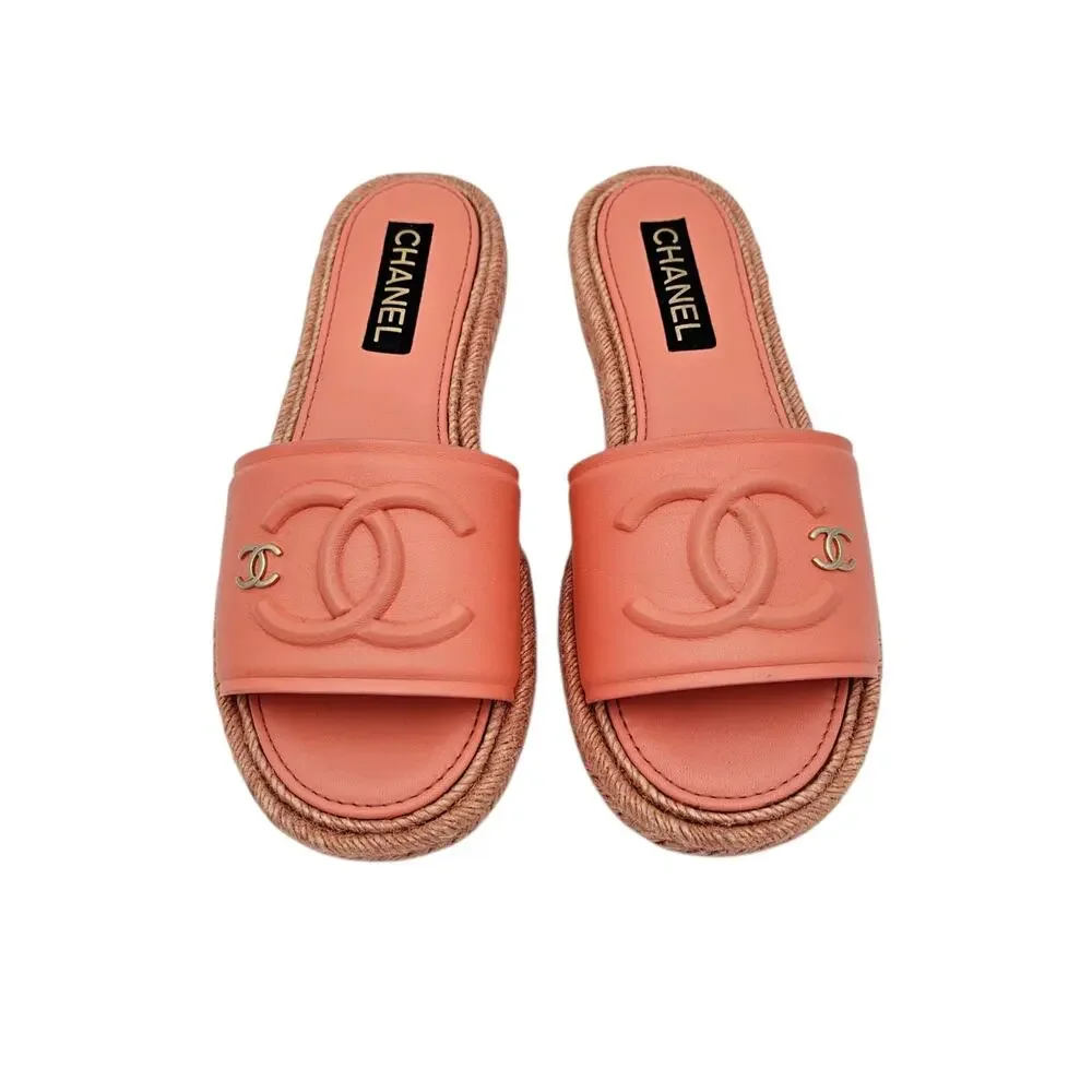 Chanel CC Logo Orange Coral Leather Flat Slide Sandal Jute Size 41 10 10.5